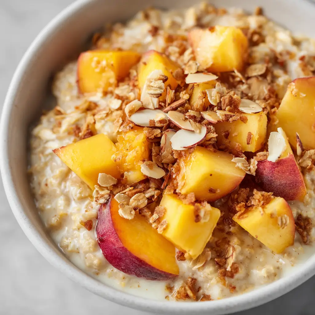 A close-up top view of a bowl of creamy peaches and cream oatmeal, detailed with fresh diced peaches, slivered almonds, and crunchy granola topping.