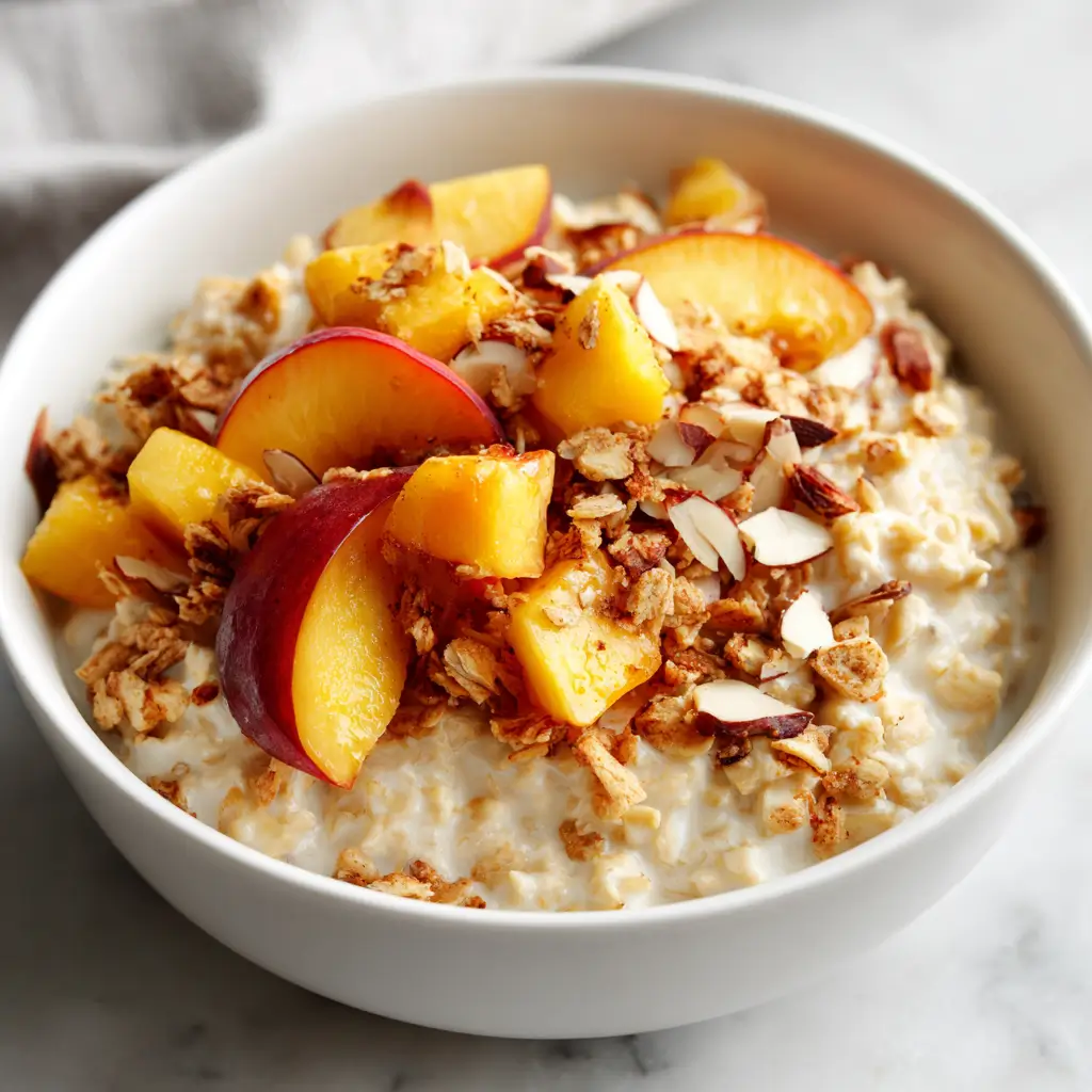 A close-up shot of a white bowl filled with creamy peaches and cream oatmeal, topped with fresh diced peaches, granola, and slivered almonds on a marble countertop.