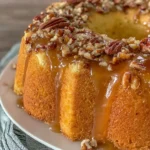 A moist and tender pecan praline buttermilk pound cake on a white serving plate, generously topped with a rich caramel praline glaze and crunchy toasted pecans.