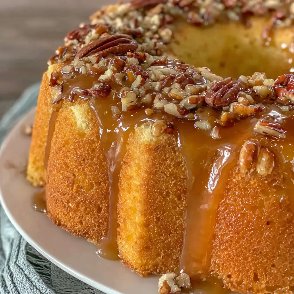 A moist and tender pecan praline buttermilk pound cake on a white serving plate, generously topped with a rich caramel praline glaze and crunchy toasted pecans.