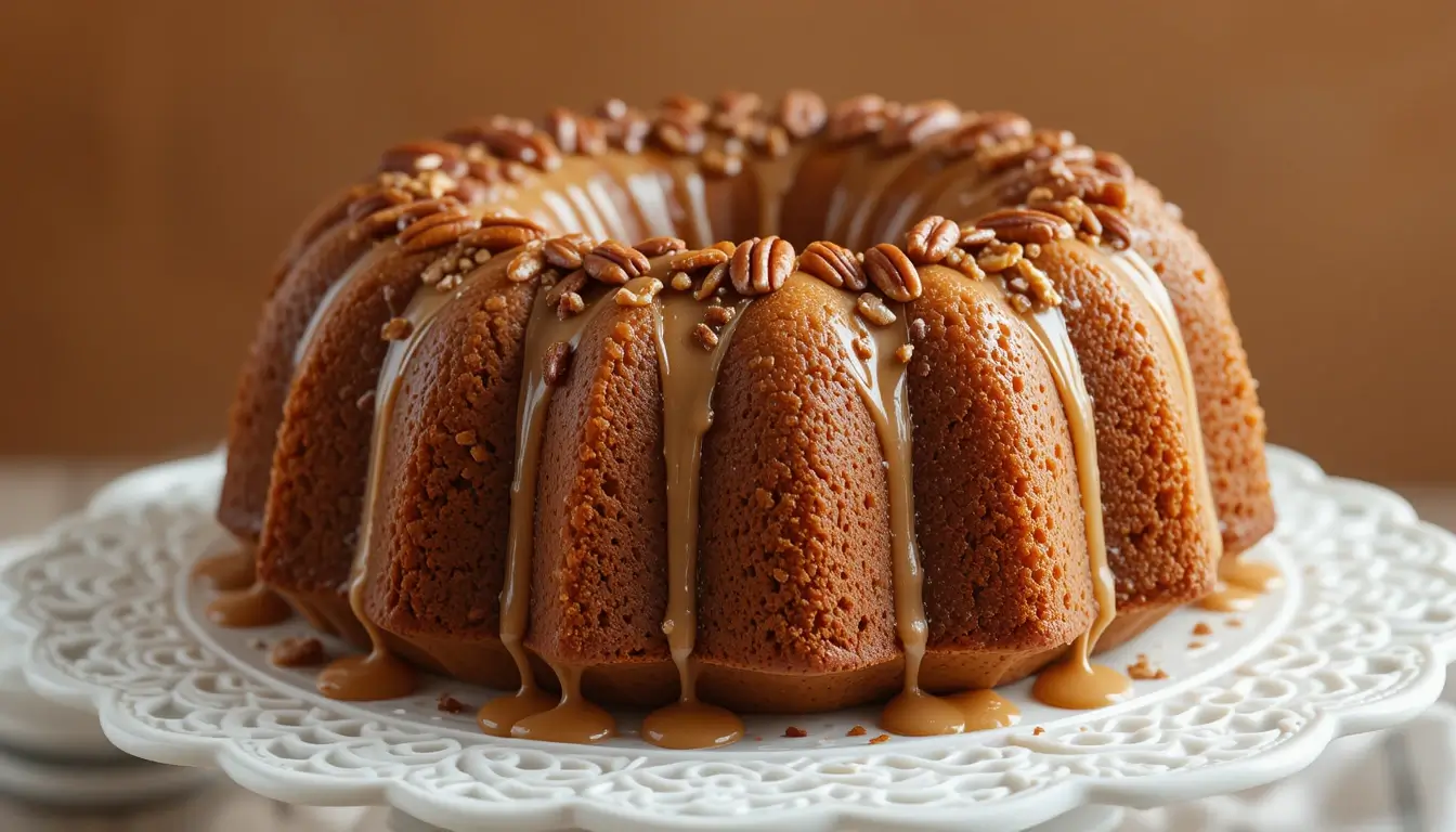 Pecan praline buttermilk pound cake drizzled with caramel glaze on a decorative white cake stand.