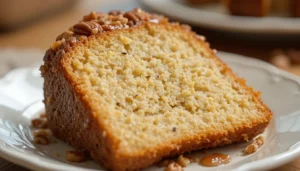 Slice of moist pecan praline buttermilk pound cake with a caramel glaze on a white plate.