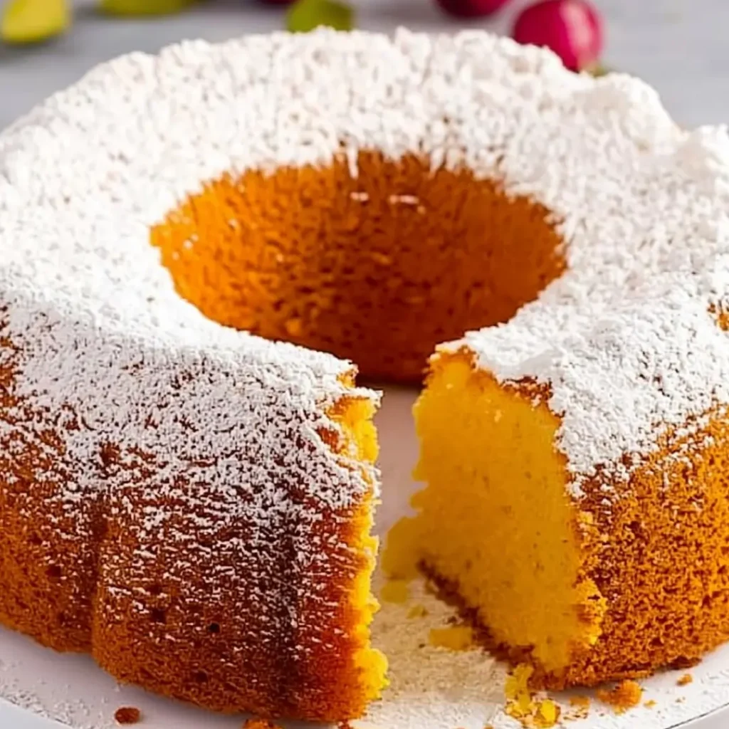 Philly fluff cake recipe featuring a golden, fluffy bundt cake topped with powdered sugar.