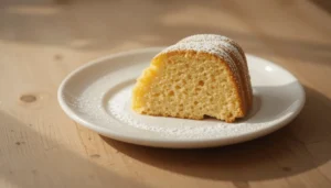 A single slice of golden bundt cake dusted with powdered sugar, served on a white plate in soft natural light.