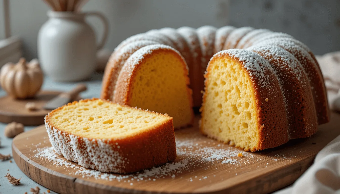 Freshly baked bundt cake with slices cut, dusted with powdered sugar, placed on a wooden board in soft natural light.