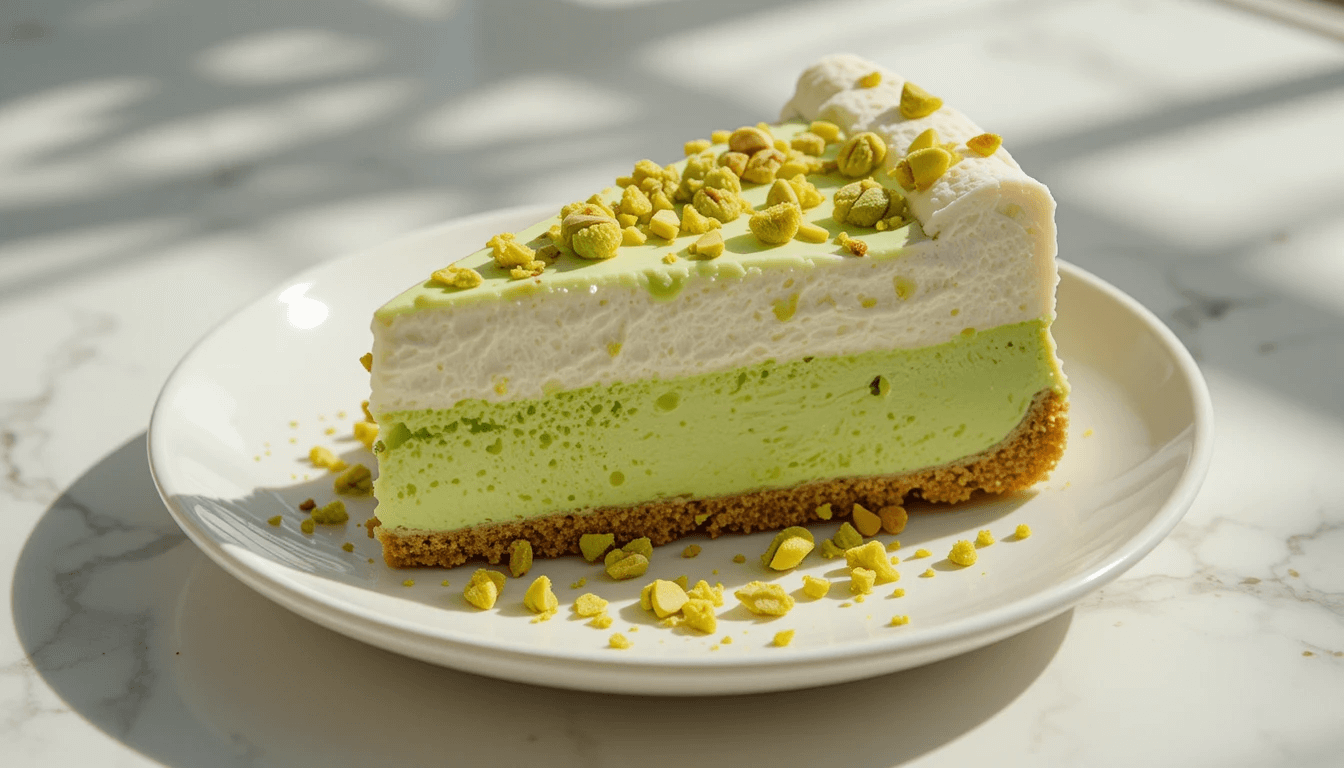 Slice of pistachio cheesecake with whipped topping and chopped pistachios on a graham cracker crust.