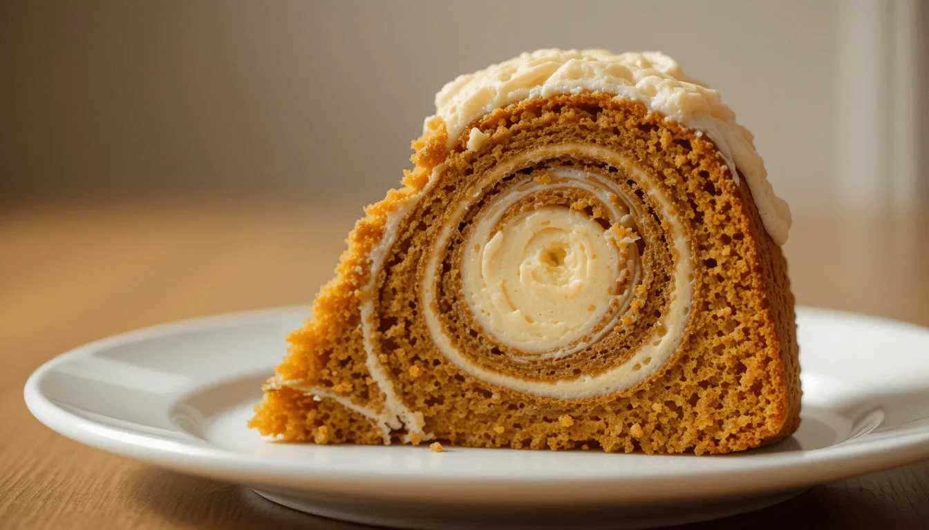 Slice of pumpkin cake with cream cheese swirl on a white plate, showcasing its moist texture and intricate spiral design.