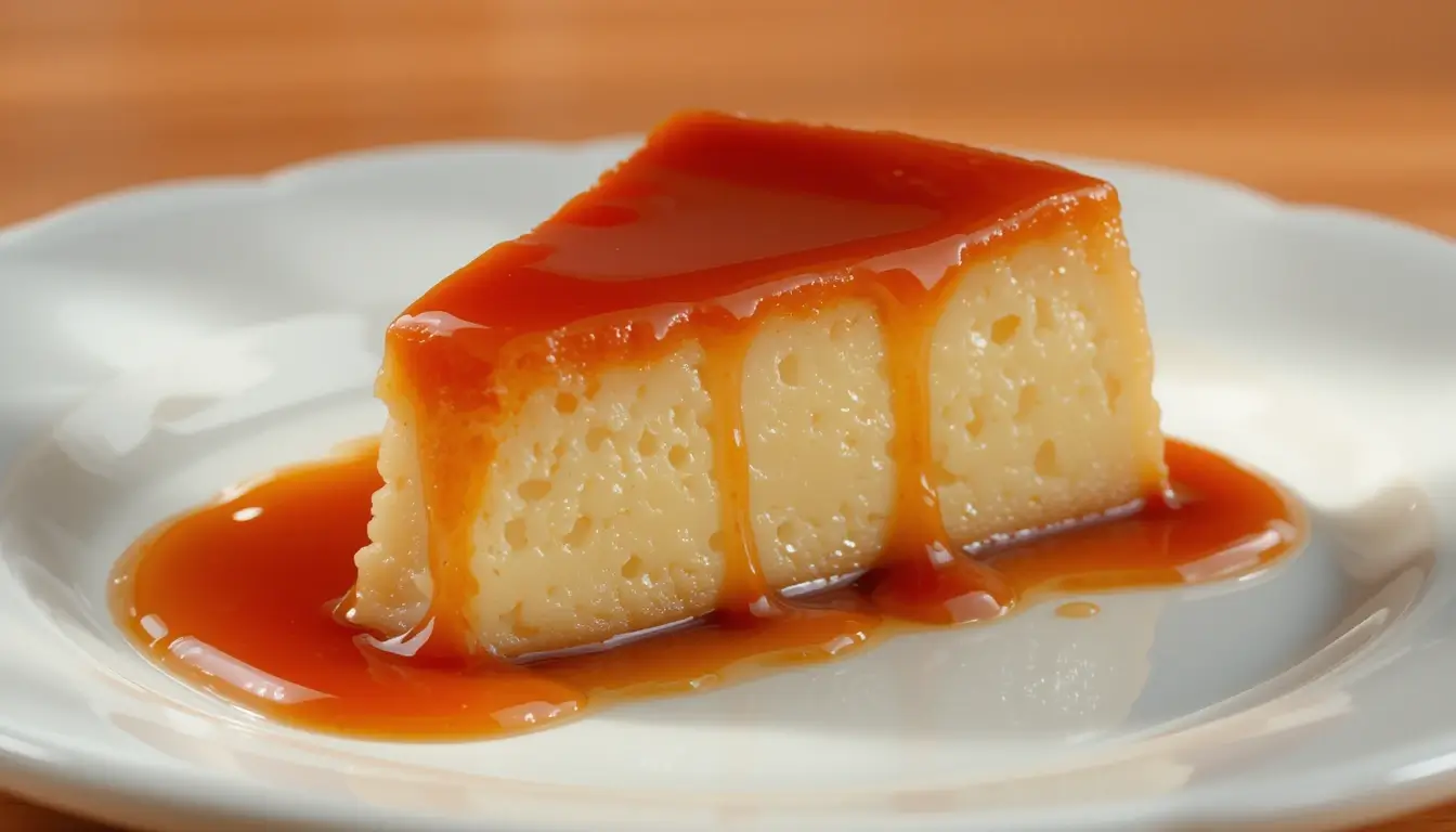 A slice of creamy pumpkin flan drizzled with golden caramel sauce on a white plate.