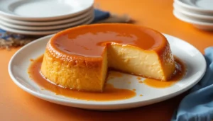 Whole pumpkin flan with a glossy caramel topping on a white plate, showcasing a cut slice.