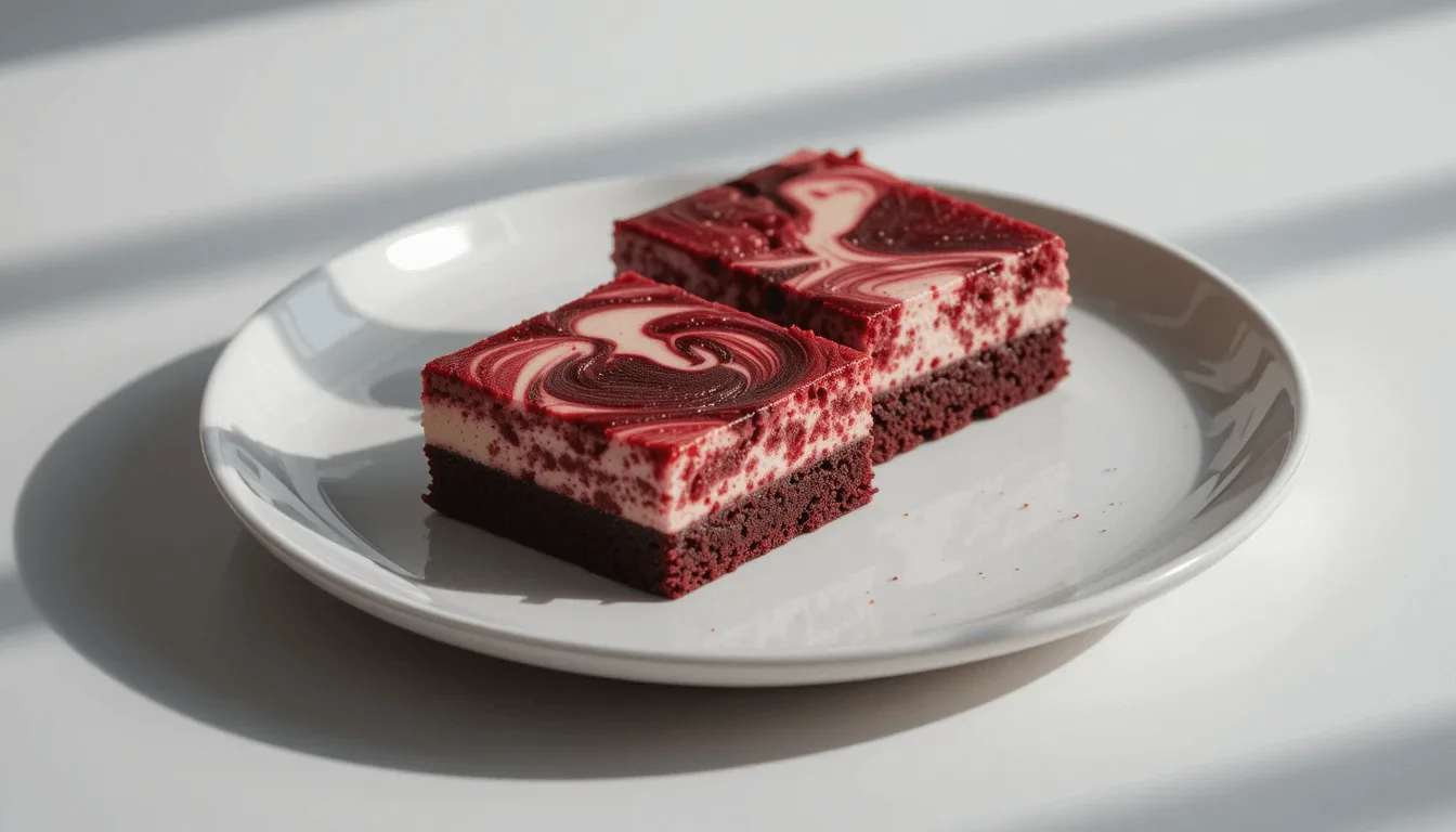 Two red velvet cheesecake swirl brownie squares on a white plate in natural light.