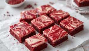 Red velvet cheesecake swirl brownies cut into squares on parchment paper.