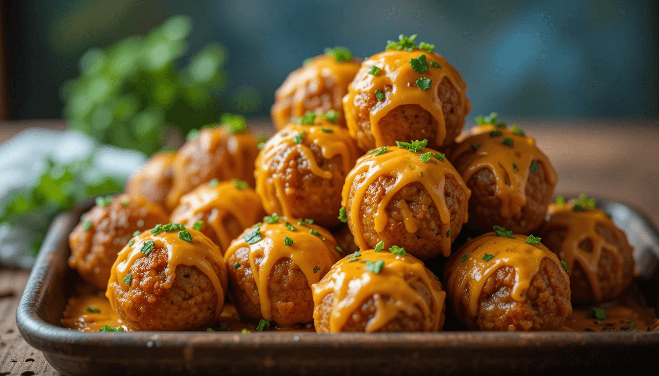 Savory meatballs drizzled with cheddar cheese sauce and garnished with fresh parsley.