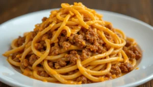 A generous serving of spaghetti topped with crumbled ground meat and melted cheddar cheese.