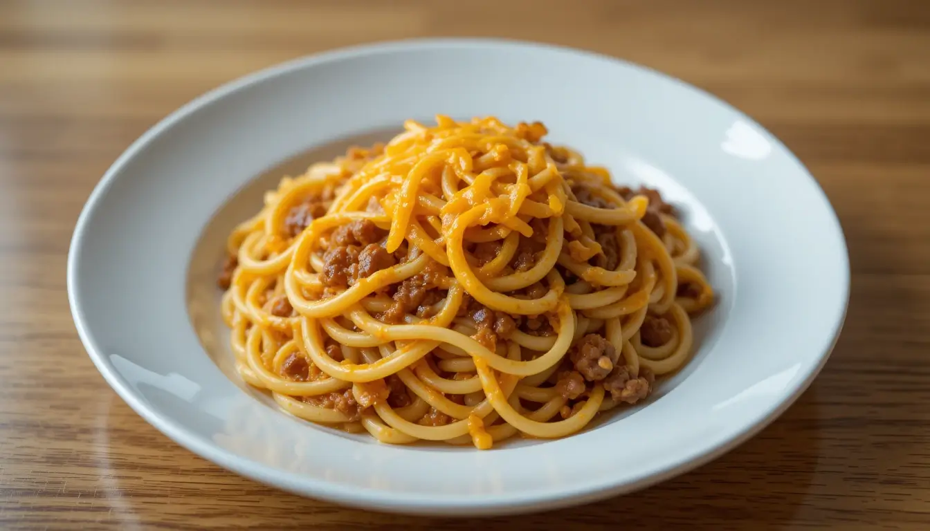 A plate of spaghetti with ground meat sauce, topped with shredded cheddar cheese.