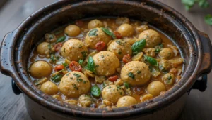 A hearty stew of dumplings, cherry tomatoes, chickpeas, and fresh basil leaves in a rustic ceramic pot.