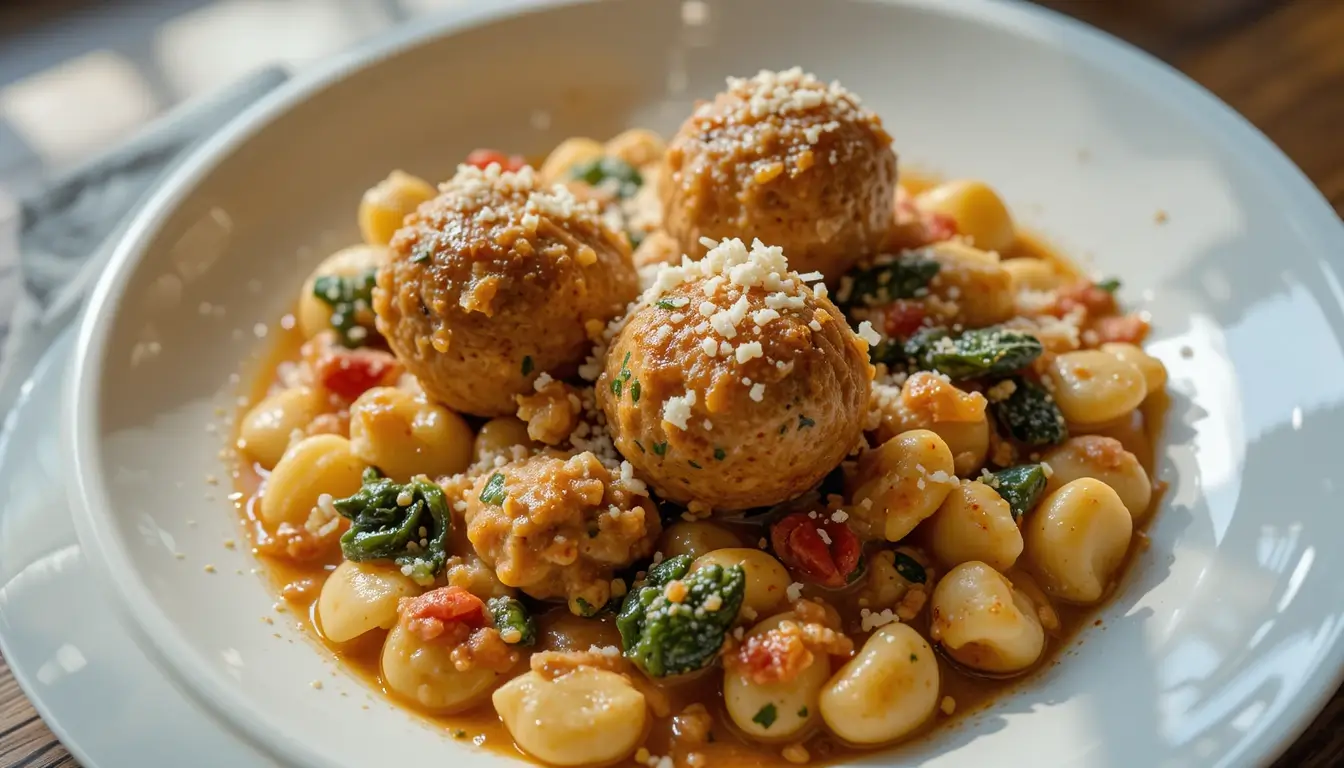 A bowl of gnocchi topped with turkey meatballs, tomato sauce, spinach, and grated Parmesan cheese.