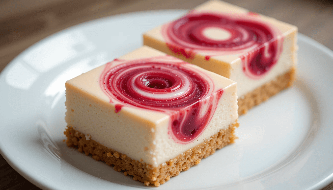 Two raspberry swirl cheesecake bars with a graham cracker crust on a white plate.