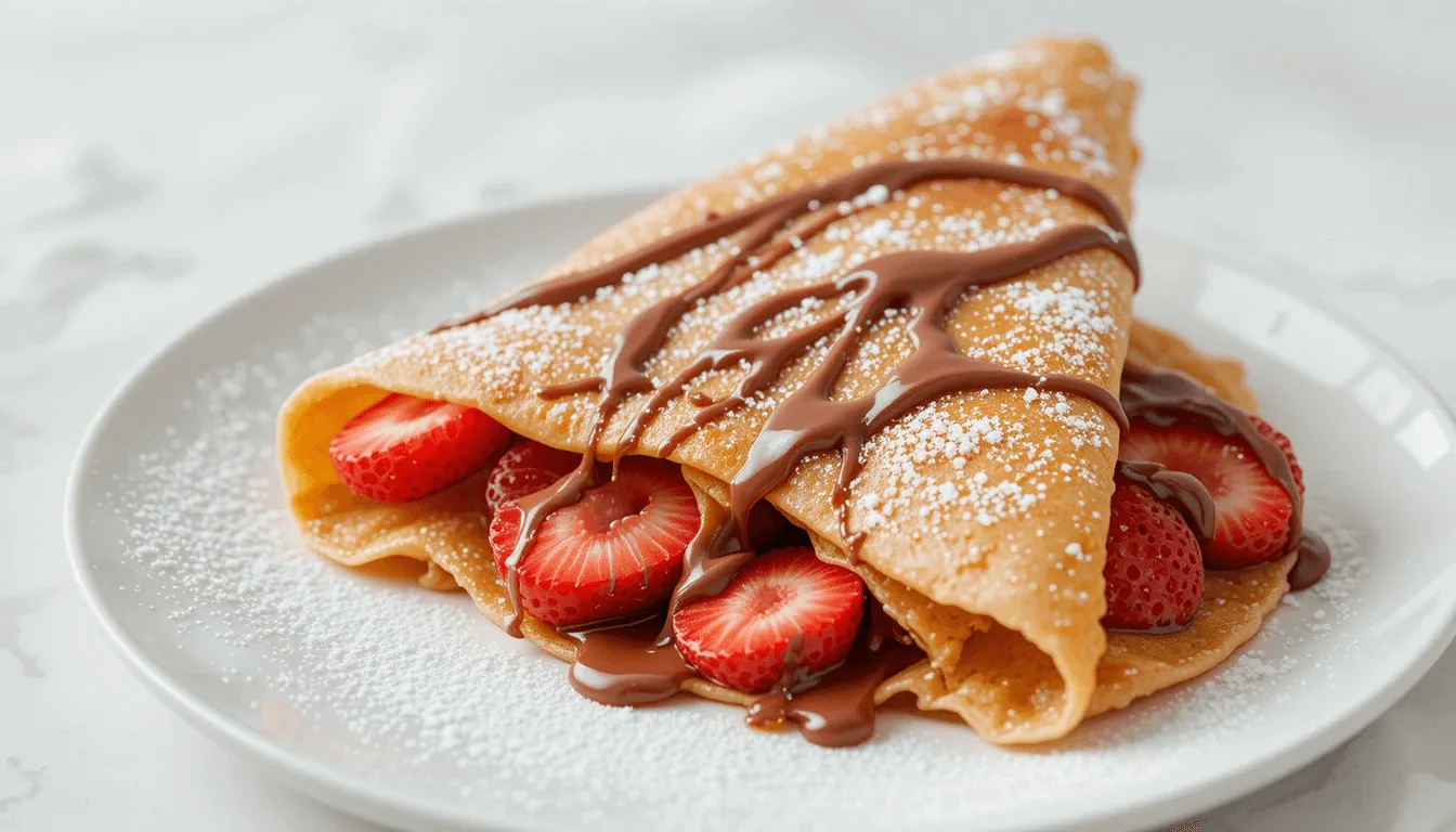 Delicate crepe filled with fresh strawberries, drizzled with chocolate sauce, and dusted with powdered sugar on a white plate.