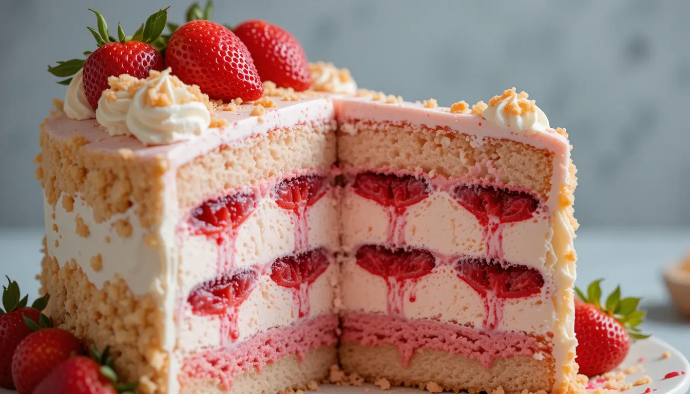 A cross-section of a strawberry shortcake ice cream cake featuring fresh strawberries, creamy layers, and a crumbly topping.