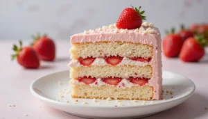 A slice of strawberry shortcake ice cream cake with fresh strawberry layers and creamy pink frosting on a white plate.