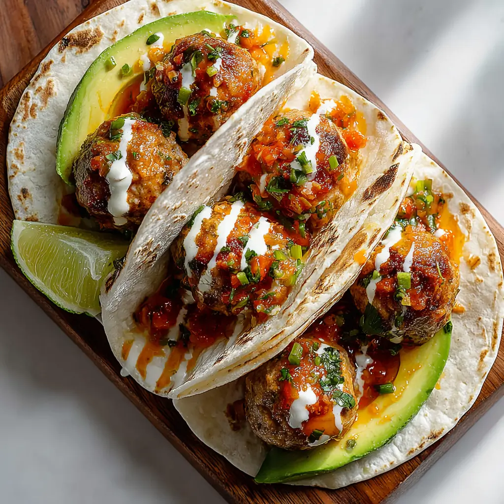 Soft tortillas filled with taco meatballs, avocado slices, salsa, and sour cream drizzle