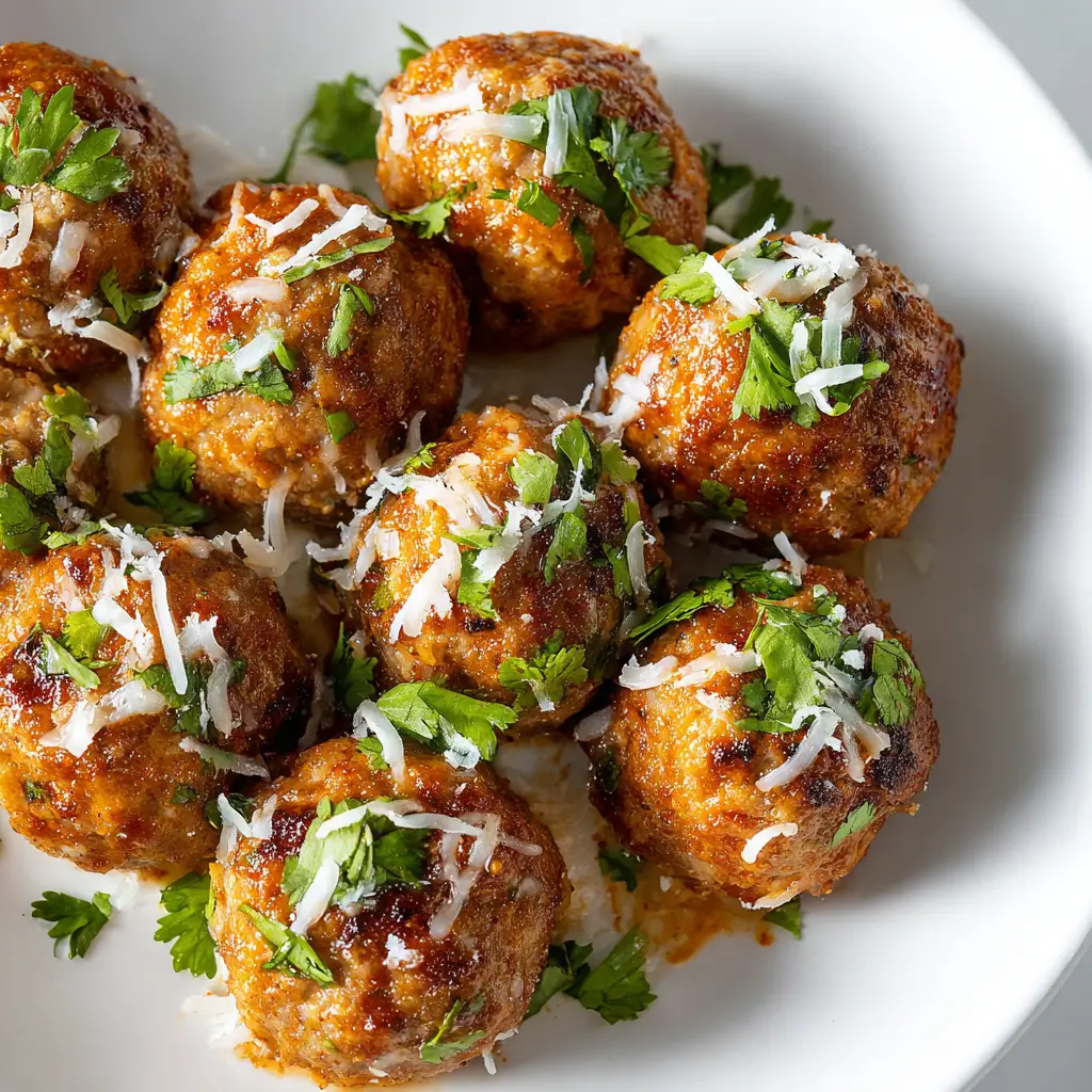 Juicy taco meatballs topped with shredded cheese and fresh cilantro on a white plate