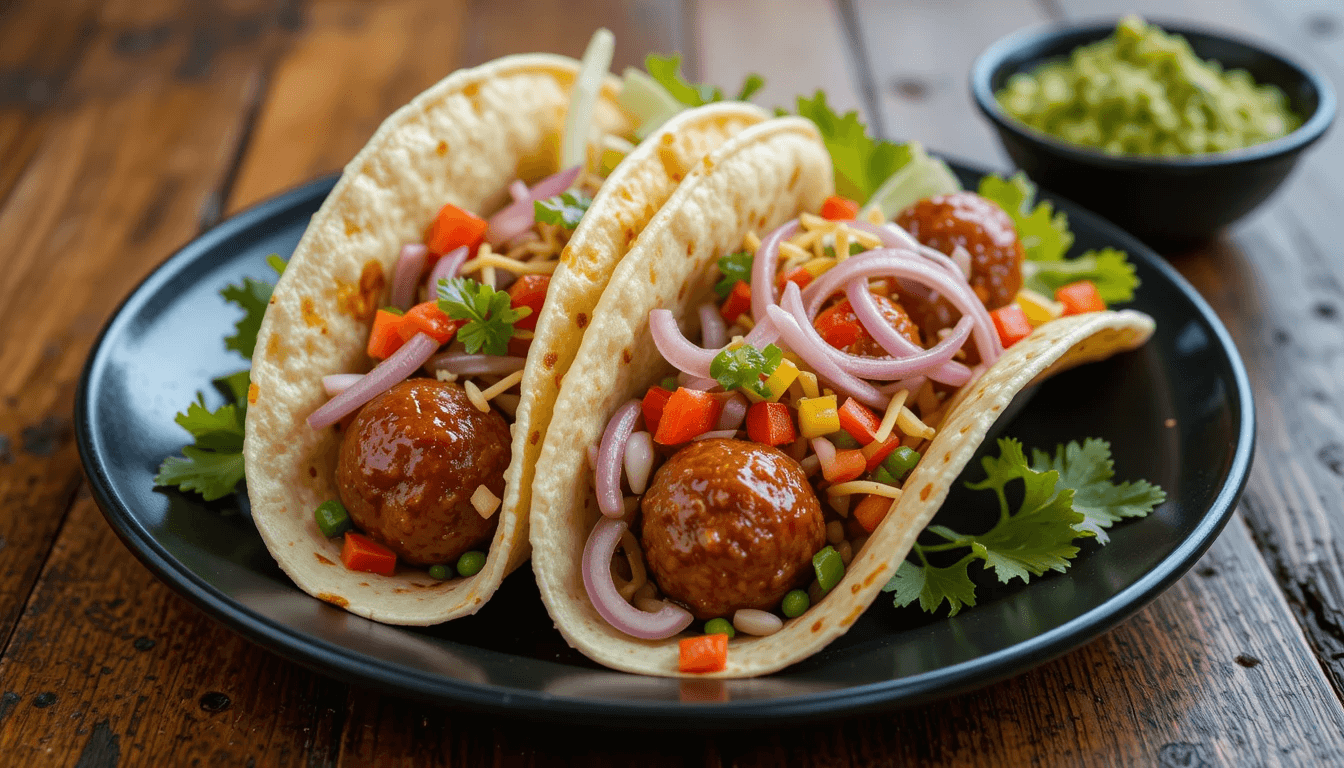 Meatball tacos topped with colorful diced vegetables, red onion, and shredded cheese on a black plate.