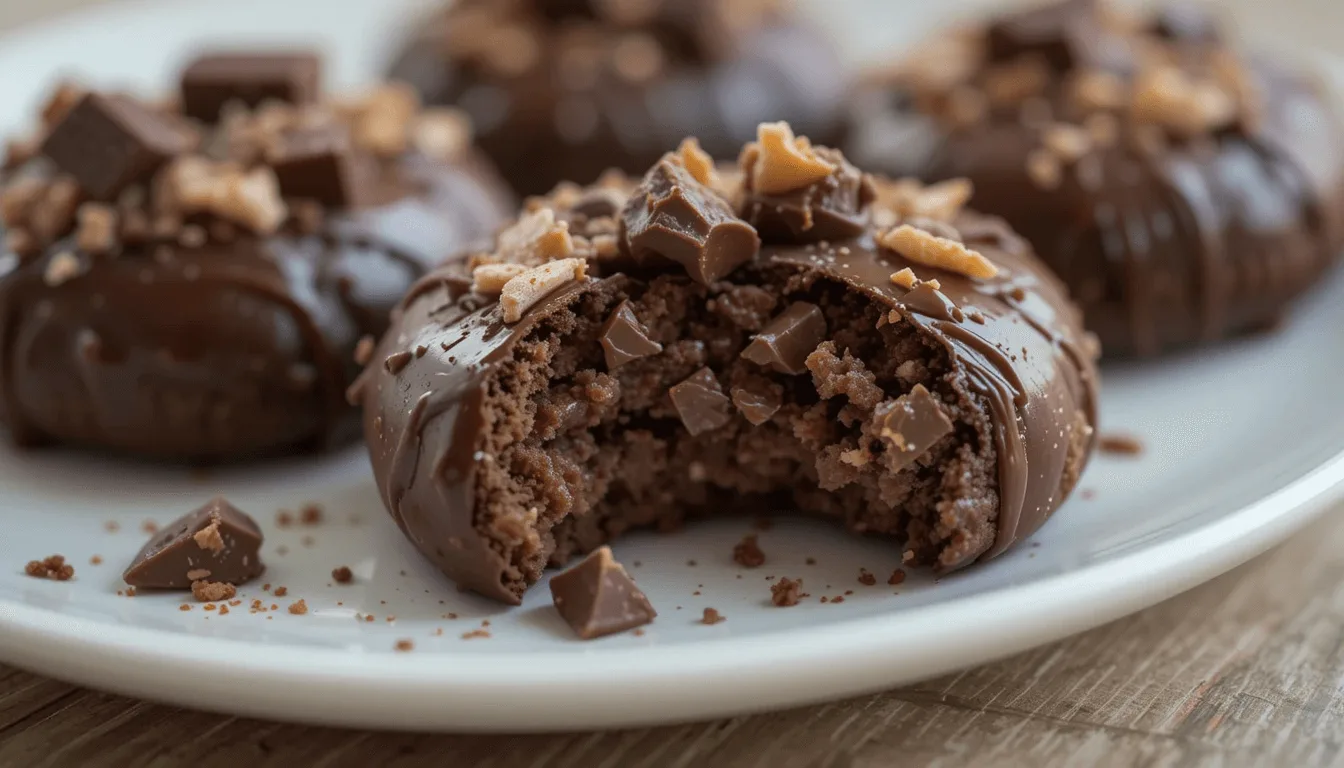 Close-up of chocolate truffles topped with chocolate chunks and crushed toffee on a white plate.