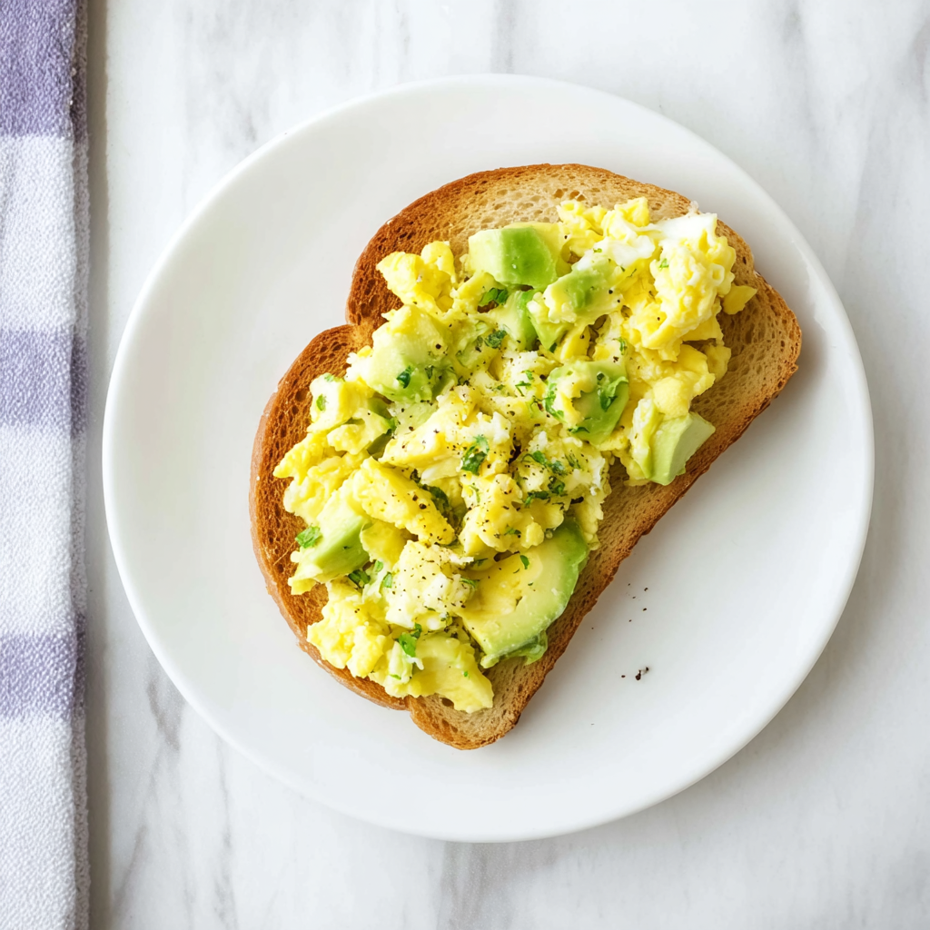 A top-down view of fluffy avocado scrambled eggs served on a slice of toast, resting on a white plate with a checkered napkin to the side