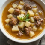 Hearty beefy potato soup in a rustic bowl with fresh parsley.