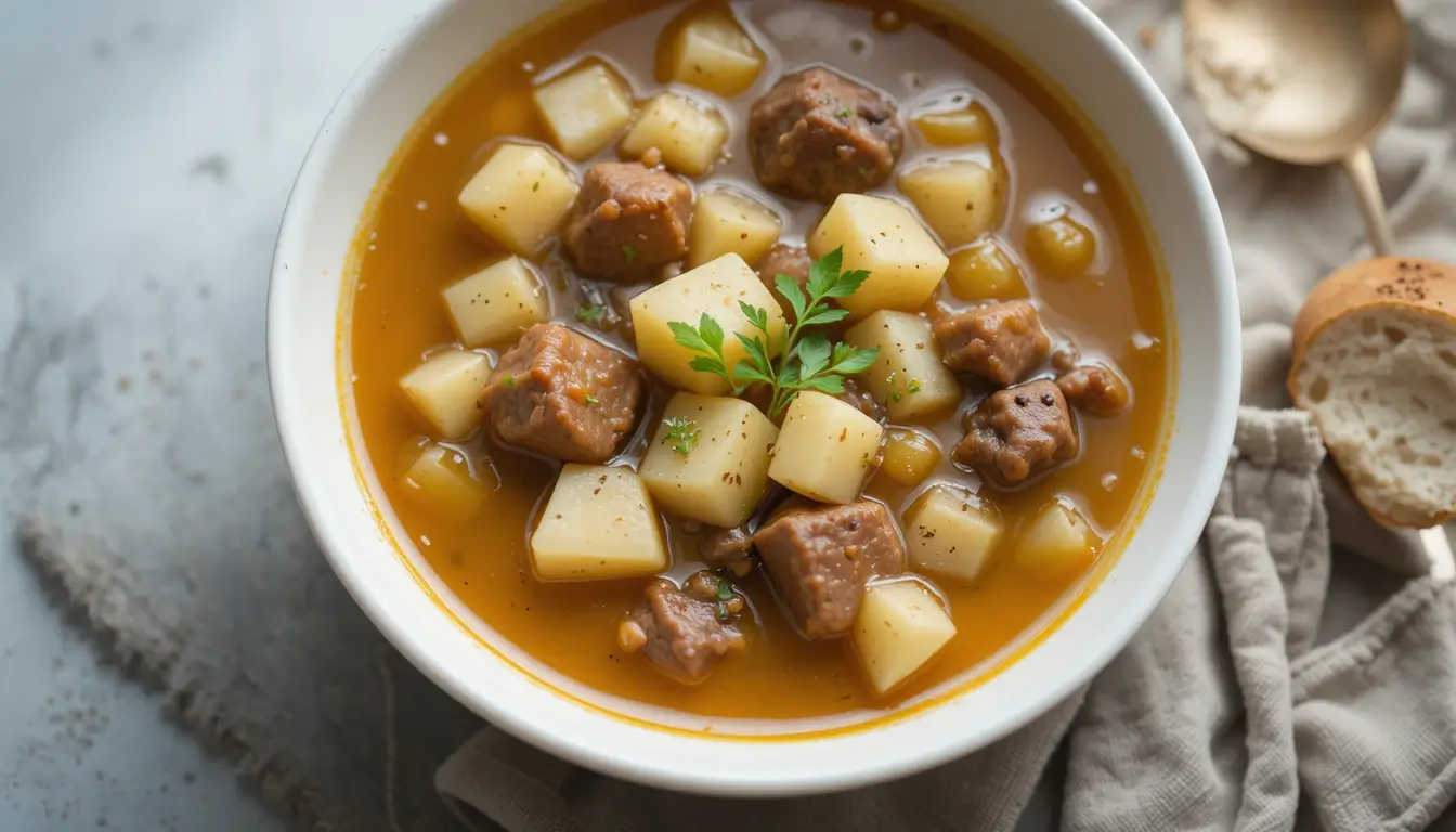 Hearty beefy potato soup in a rustic bowl with fresh parsley.