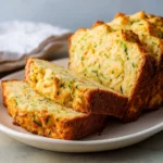 A loaf of golden-brown zucchini cheddar bread, with several thick slices cut and displayed on a white plate, showing the savory, cheesy interior with flecks of green zucchini