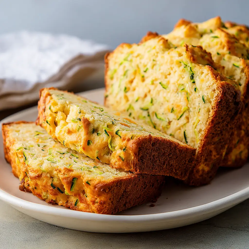 A loaf of golden-brown zucchini cheddar bread, with several thick slices cut and displayed on a white plate, showing the savory, cheesy interior with flecks of green zucchini