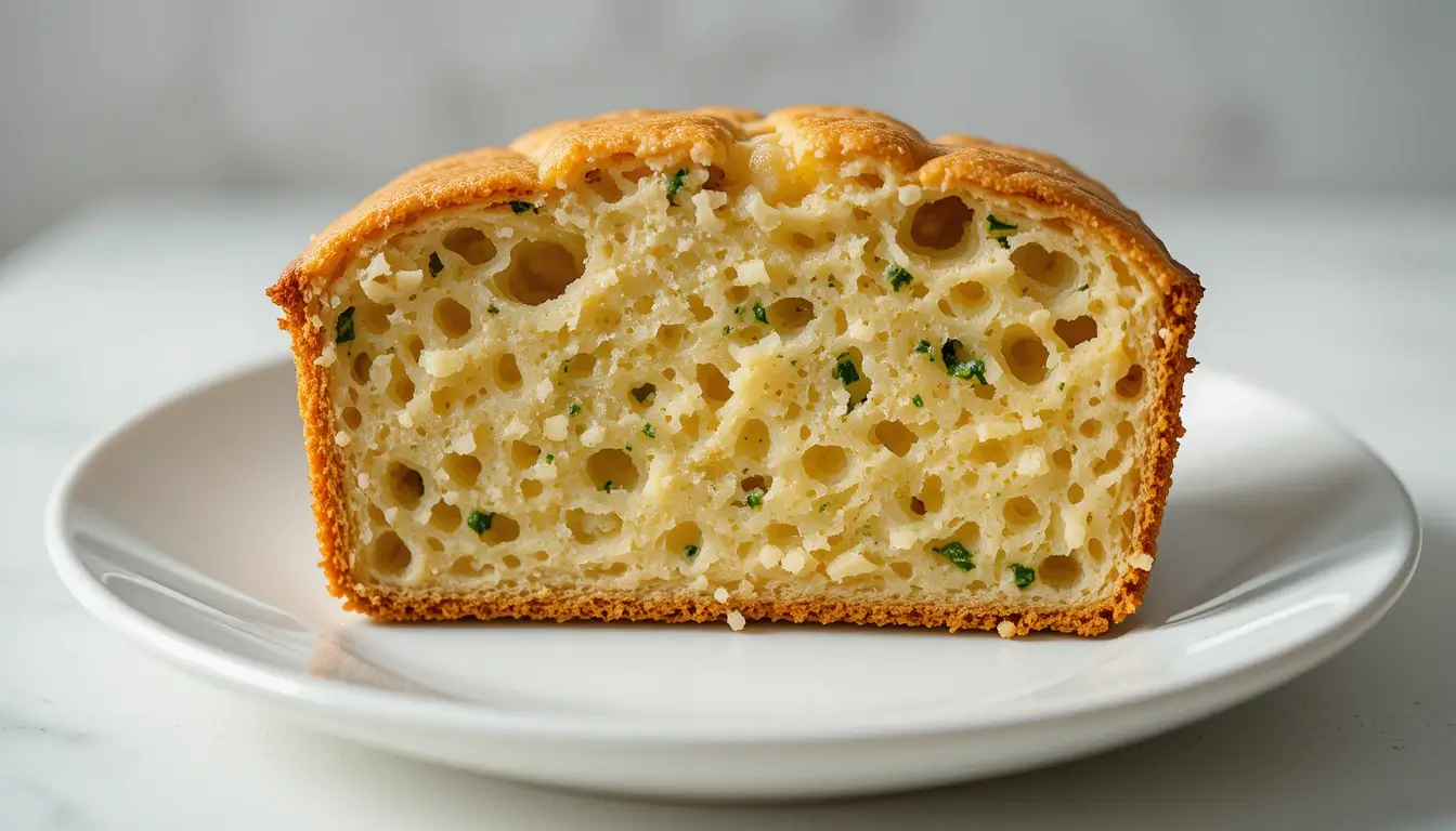 Close-up of a slice of zucchini cheddar bread with a golden crust and visible green herbs.