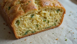 Freshly baked zucchini cheddar bread with a golden crust and visible zucchini pieces.