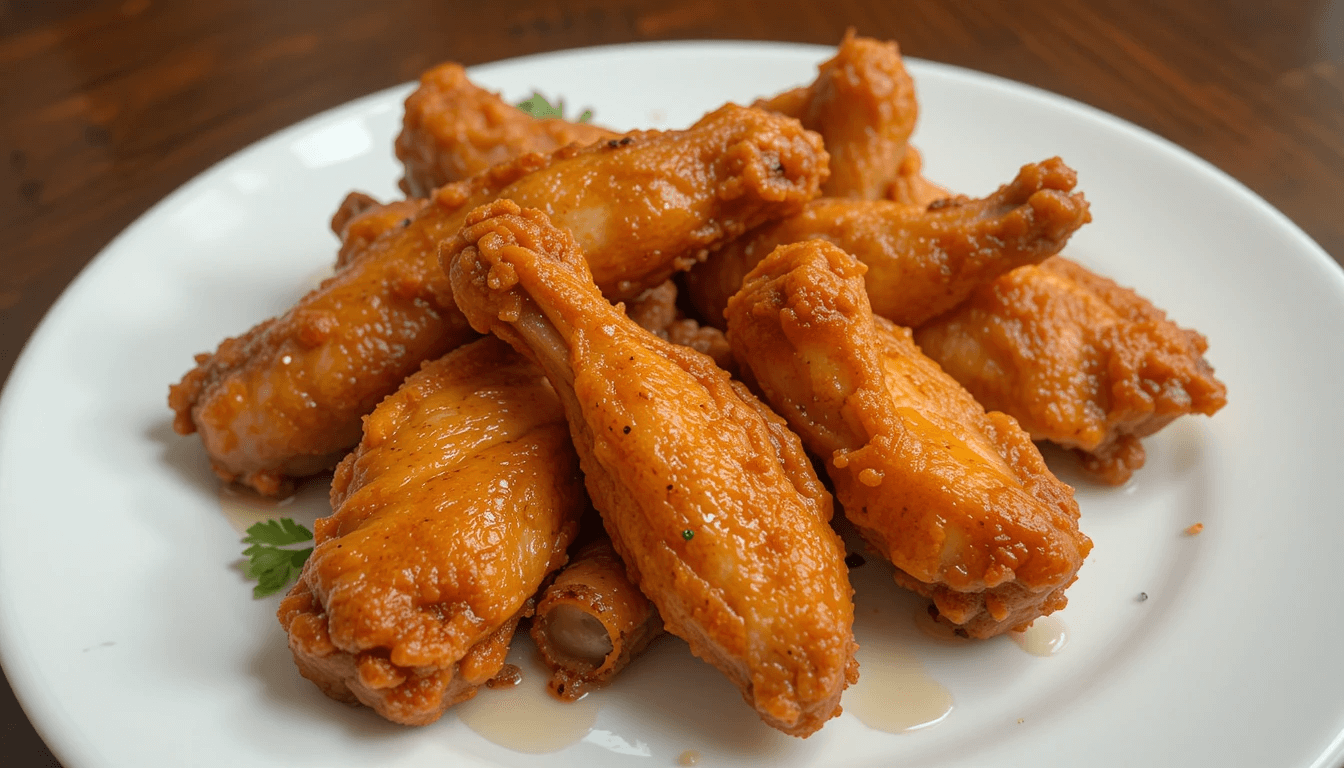 Crispy air fryer chicken wings coated in a golden-brown sauce served on a white plate.