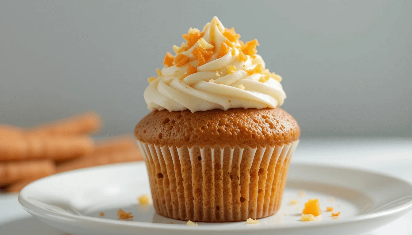 Carrot pineapple cupcake with creamy white frosting and grated carrot garnish on a white plate.