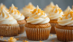 Freshly baked carrot pineapple cupcakes topped with creamy white frosting and grated carrot garnish.