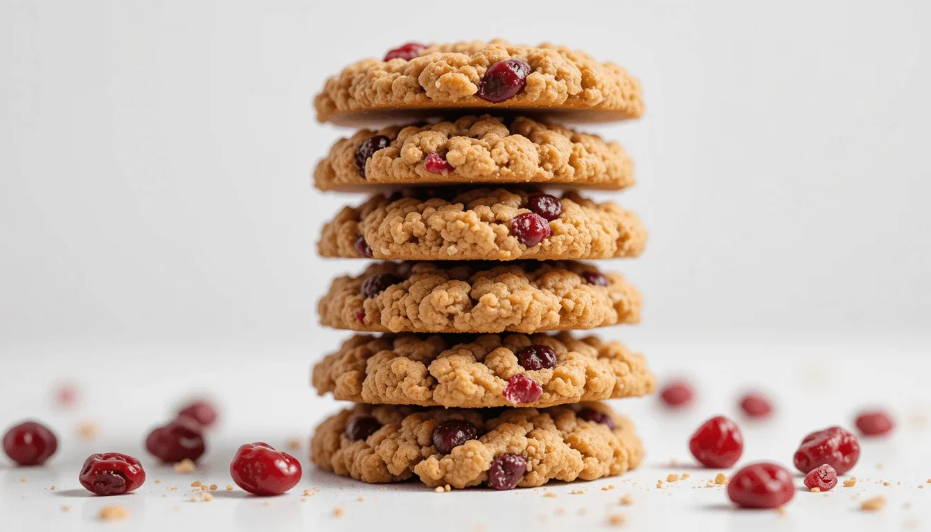 Stack of oatmeal cookies with vibrant red cranberries on a white surface, surrounded by scattered cranberries and crumbs, against a minimal white background.