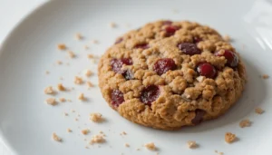 Single oatmeal cranberry cookie on a white plate with scattered crumbs, highlighting its golden texture and vibrant red cranberries.