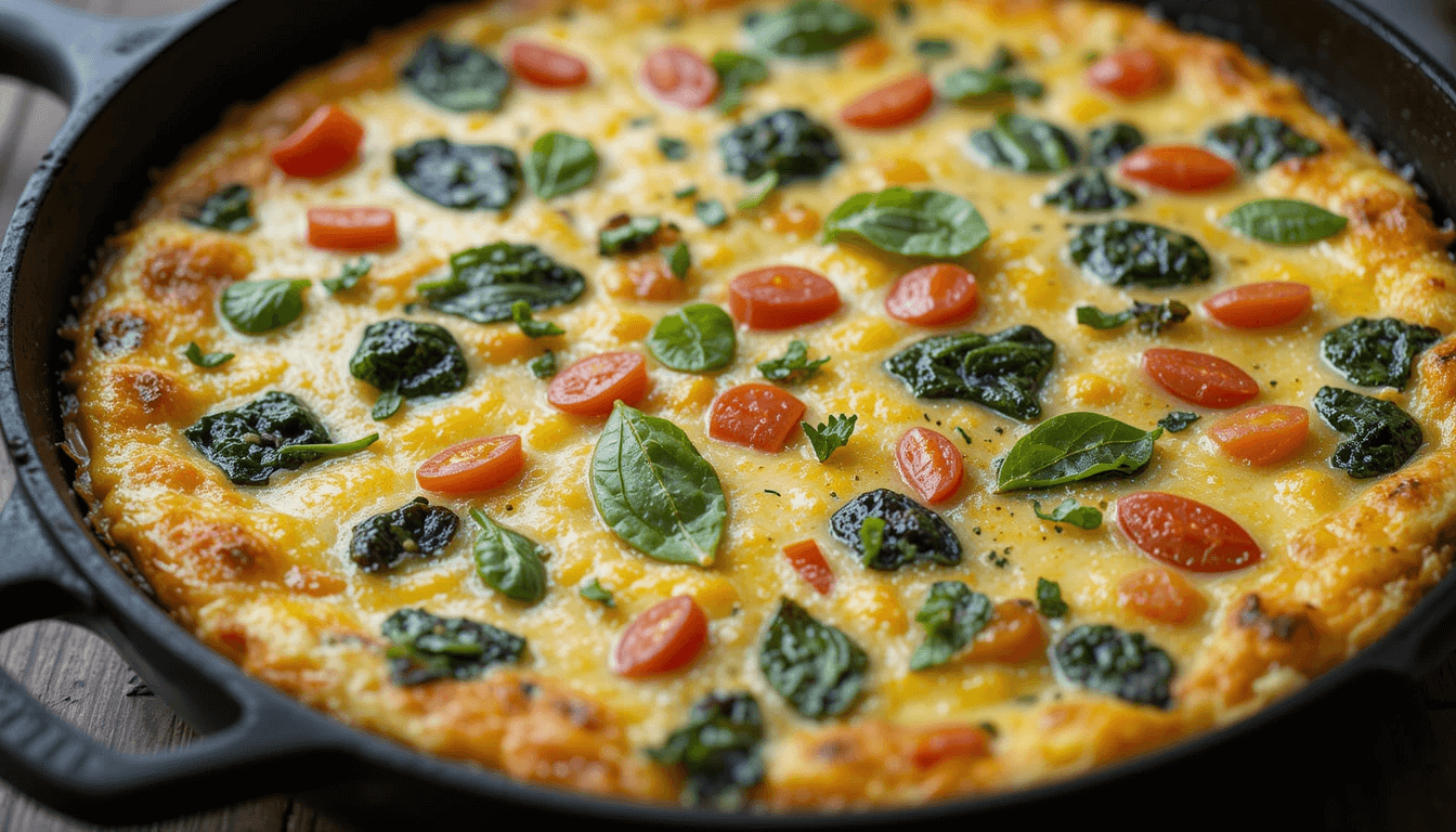 Freshly baked egg white frittata with spinach, cherry tomatoes, and herbs in a cast-iron skillet.