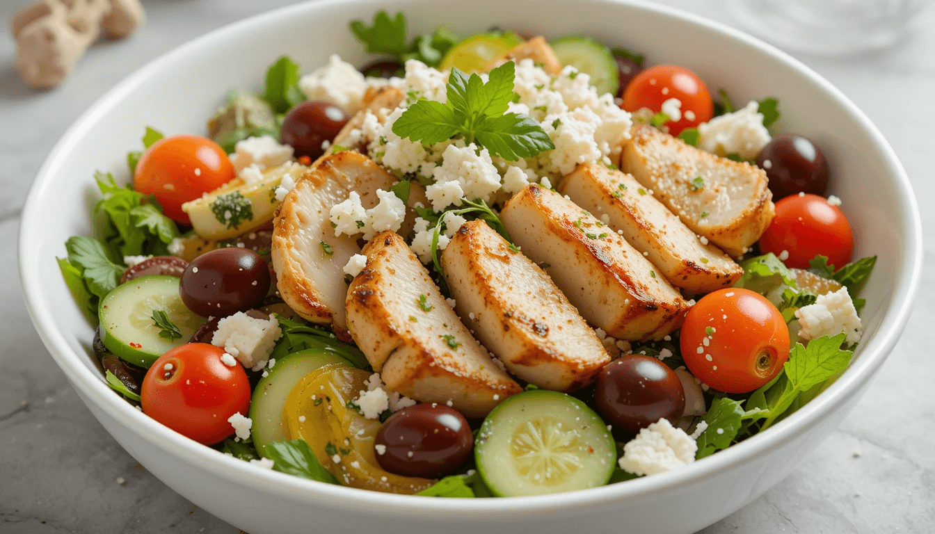 Fresh Greek chicken salad with grilled chicken, cherry tomatoes, cucumbers, Kalamata olives, and crumbled feta in a white bowl.