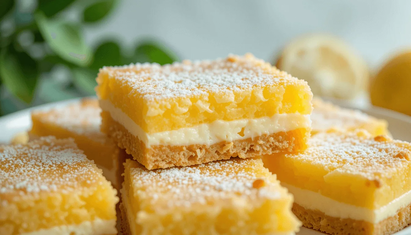 Close-up of lemon cream cheese bars with a golden crust, creamy filling, and powdered sugar topping.