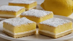 Freshly baked lemon cream cheese bars topped with powdered sugar on a white plate, with a whole lemon in the background.