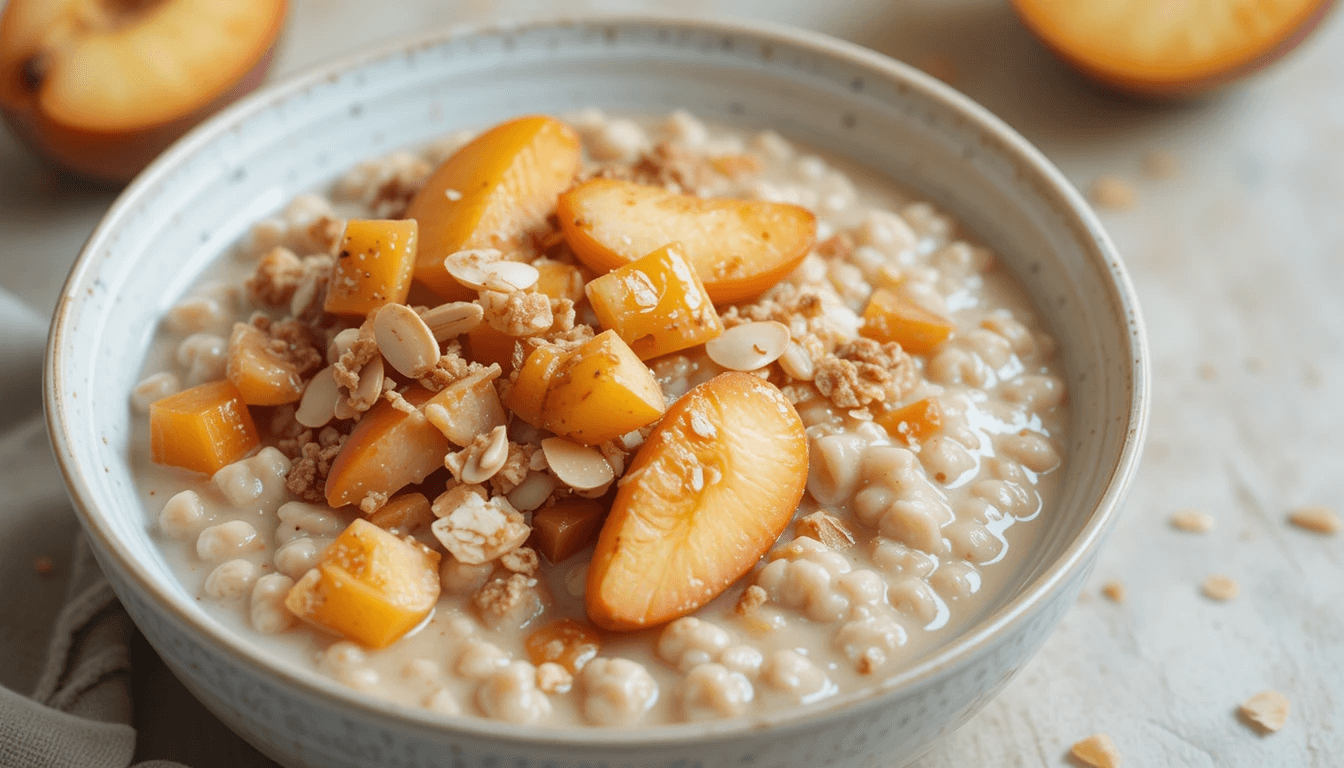 A creamy bowl of oatmeal topped with fresh peach slices, granola, and almonds, perfect for a healthy breakfast.