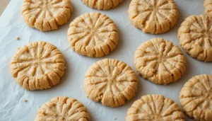 Freshly baked homemade cookies with a flower-like pattern, arranged on parchment paper.