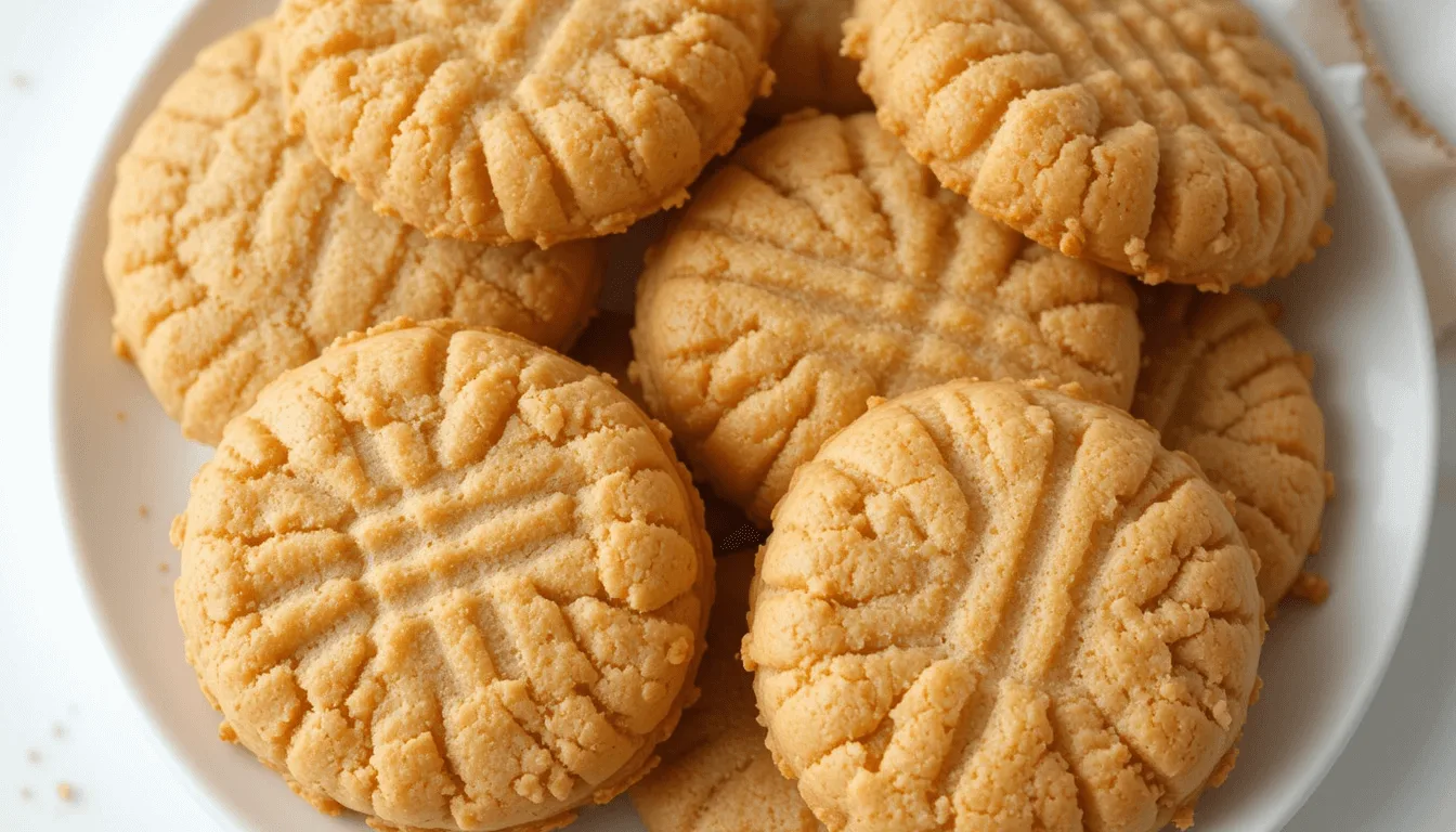 Close-up of soft and golden homemade peanut butter cookies on a white plate.