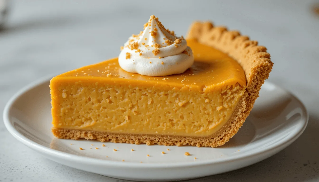 Slice of creamy pumpkin pie topped with whipped cream and crumb topping on a white plate.