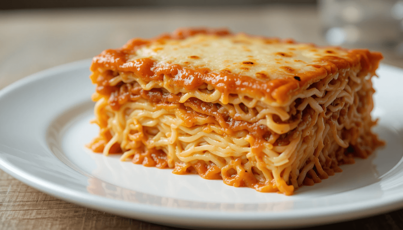 Close-up of a cheesy ramen lasagna slice layered with noodles, meat sauce, and melted mozzarella on a white plate.