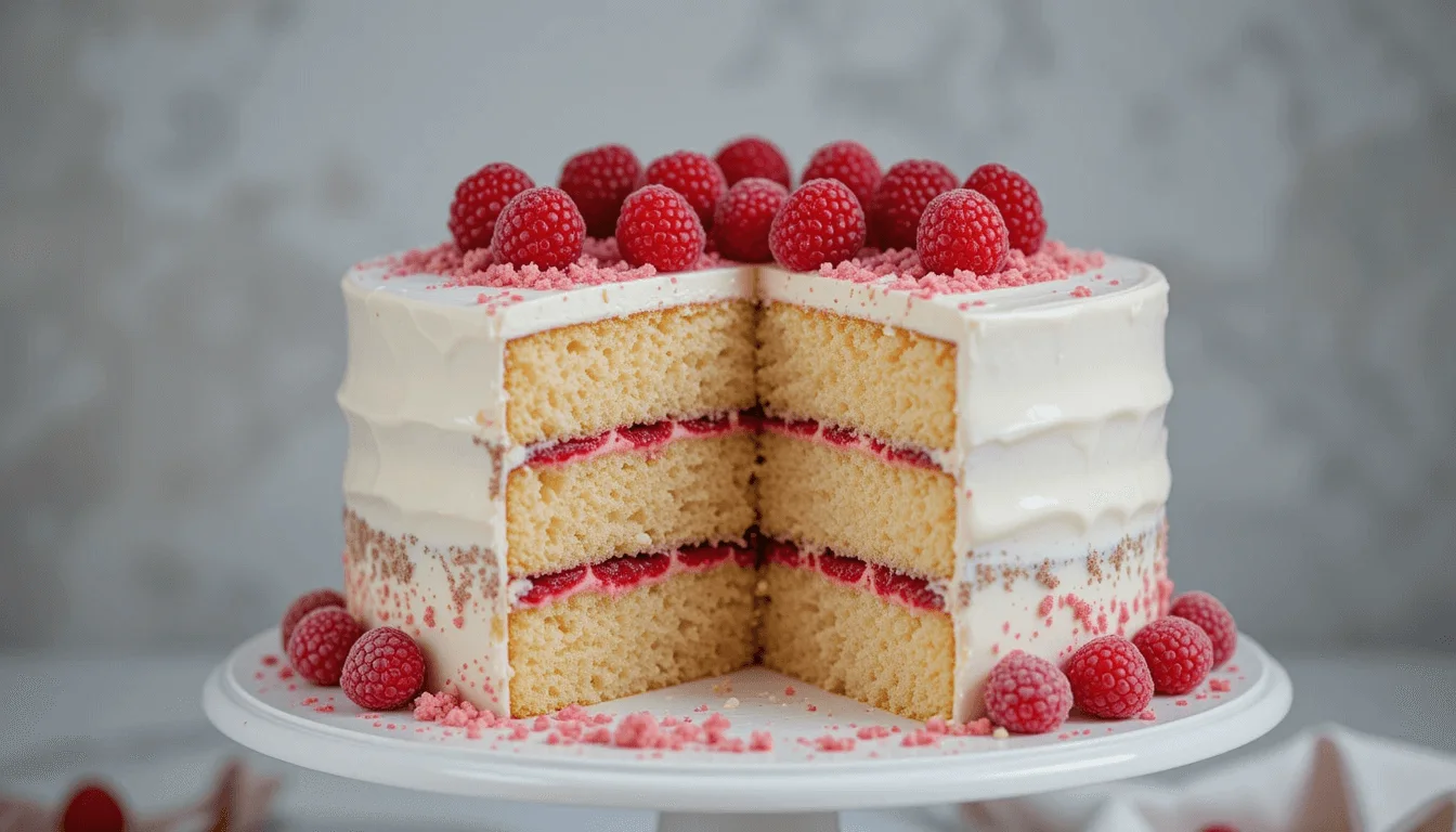 Layered vanilla sponge cake with white frosting, raspberry filling, and fresh raspberries on top, displayed on a white cake stand.